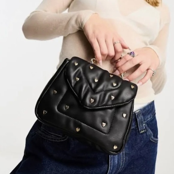 SKINNYDIP LONDON Leo Puffy Mini Tote Handle/Crossbody. Black w/gold ❤️ studs NWT - Picture 5 of 11